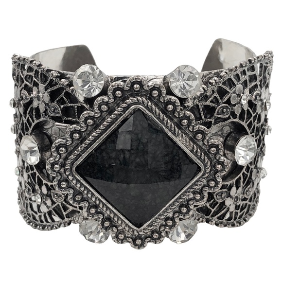 🔴 CLEARANCE Unique Black Square Resin Rhinestone Filigree Rustic Cuff Bracelet - Picture 1 of 6
